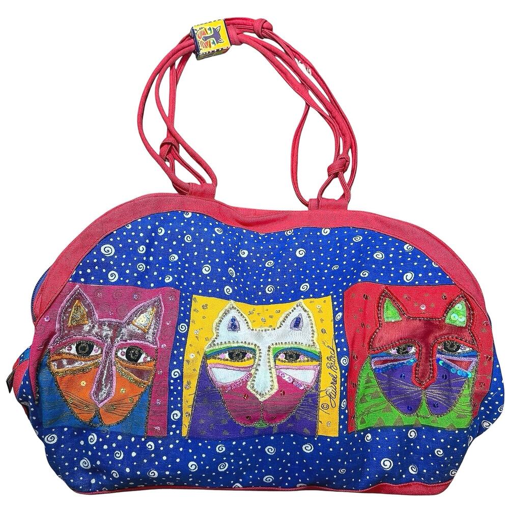 Vintage Laurel Burch Cats Shoulder Bag Canvas Purse Art to Wear Sequins